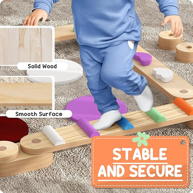 Qaba Kids Balance Beam, Wooden Balance Board with Stepping Stones, Gymnastics Obstacle Course for Toddlers 3-8 Years for Motor Skills Coordination, Indoor Outdoor Use