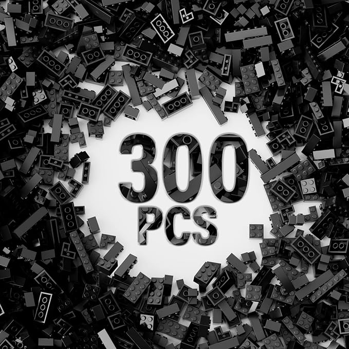 300Pcs Building Brick Bulk, Black Bulk Bricks with 5 Sizes, Compatible with Lego and Parts and Pieces, Creative Halloween Christmas Building Block Toys for Boys Girls Ages 6 7 8 9 10 Years Old