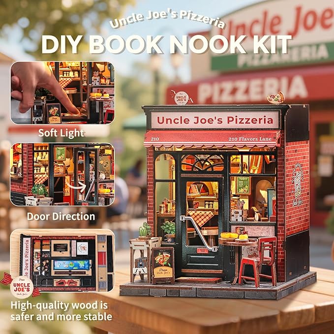 CUTEBEE Book Nook Kit - DIY Miniature House Dollhouse Kit for Adults and Teens, Booknook Tiny House Bookshelf 3D Wooden Puzzle, Gifts for Family (Uncle Joe's Pizzeria)
