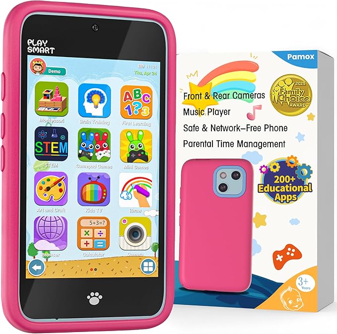 Kids Toy Phones with Dual Camera, Learning Toys Phones Gifts for Kid 3-12 with 200+ Educational Puzzle Games, 4" Touchscreen Rechargeable Pink Child Smartphones with Parental Control
