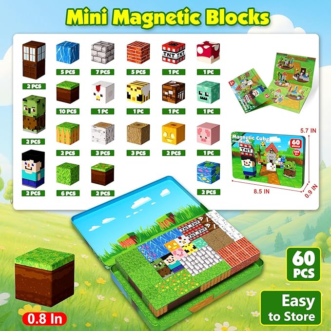 Mini Magnetic Blocks with Iron Box, 60 PCS Travel Magnetic Building Blocks, STEM Educational Building Set Construction Toys for Kids Ages 3+, Building Toys for Toddlers Boys & Girls Birthday Gift