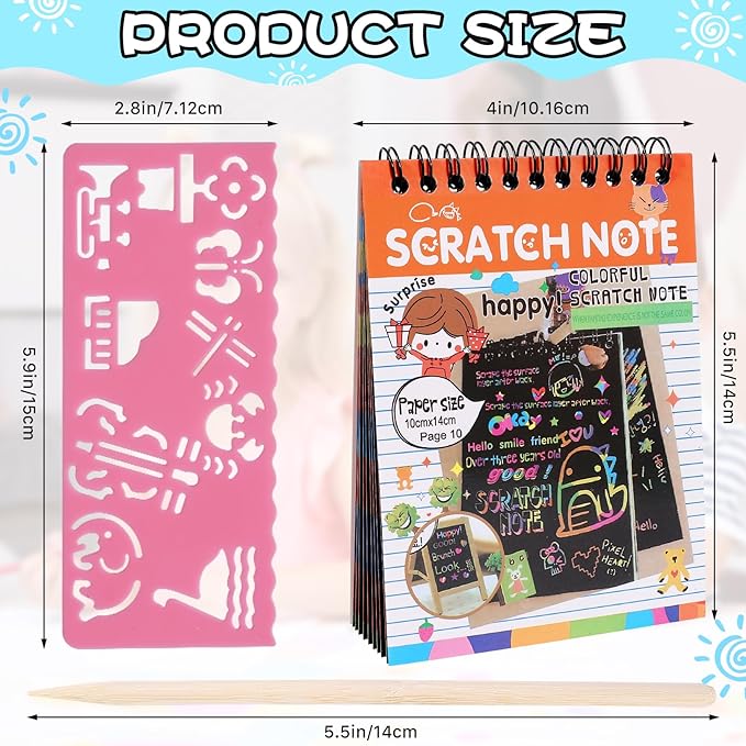 24 Pack Rainbow Scratch Notebook,Scratch Paper Art for Kids,Scratch Note Pads,Scratch Paper Rainbow Party Favors with 24 Wooden Stylus & 4 Drawing Stencil for Girls Boys Art Party Supplies