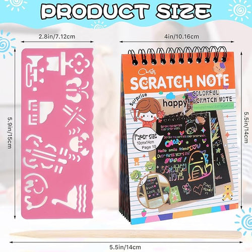 24 Pack Rainbow Scratch Notebook,Scratch Paper Art for Kids,Scratch Note Pads,Scratch Paper Rainbow Party Favors with 24 Wooden Stylus & 4 Drawing Stencil for Girls Boys Art Party Supplies