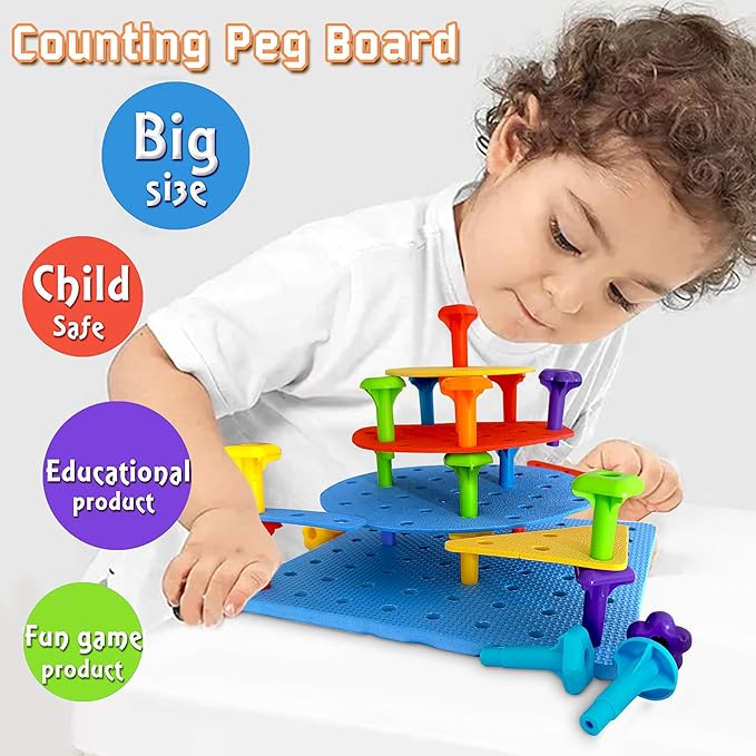 Counting Peg Board for Kids - Toddler Stacking Toys - 65 Pcs DIY Building Set Large Foam Board & Occupational Therapy Toys, Color Sorting & Lacing Toy , Montessori Tools, Peg Puzzles for Toddlers 1-3