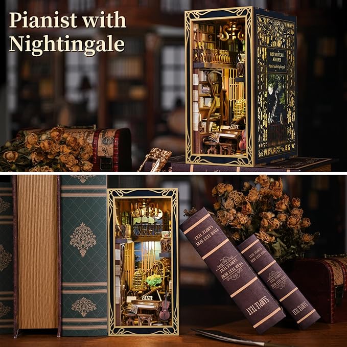 DIY Book Nook Kit, Miniature Dollhouse Booknook Kit, 3D Wooden Puzzle Bookend Bookshelf Insert Decor with LED Light for Teens and Adults (Pianist with Nightingale)