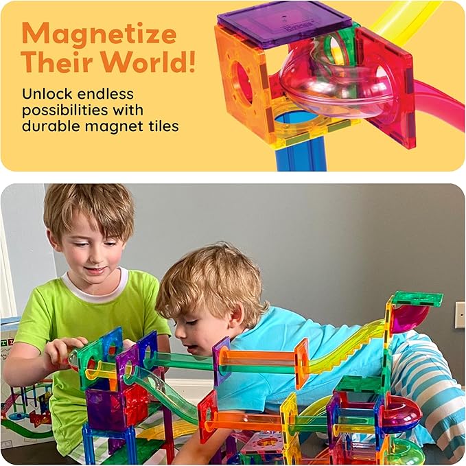 PicassoTiles 50pcs Magnetic Tiles Marble Run for Kids Race Track Toy Marble Maze Sensory Toys for Toddlers STEM Educational Set Magnet Building Blocks Construction Building Tiles Boys Girls 3+ PTG50