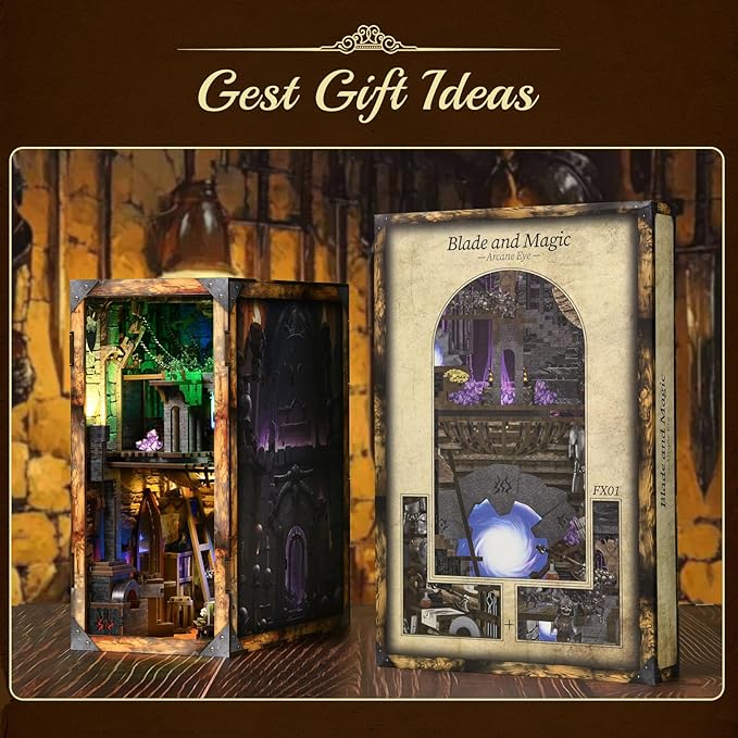 Book Nook Kit, DIY Miniature Dollhouse Booknook Kit, 3D Wooden Puzzle Bookend Bookshelf Insert Decor with LED Light for Teens and Adults (Blade and Magic)