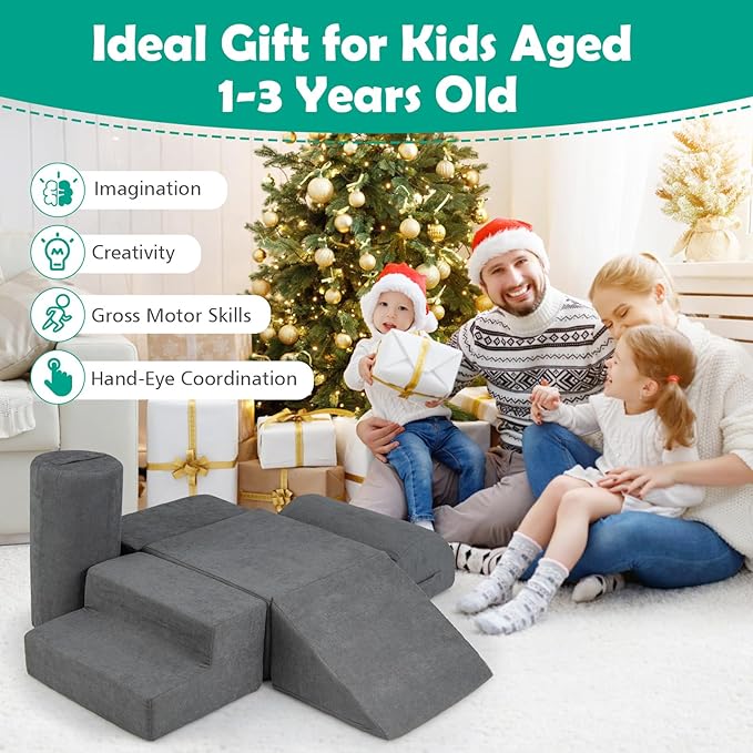 Costzon Toddler Climbing Toys Indoor, 6 Pieces Foam Climbing Blocks for Baby Inside with Skin-Friendly Chenille Fabric, 30D High-Density Foam & Carrying Handles, Soft Play Climbing for Toddlers (Gray)