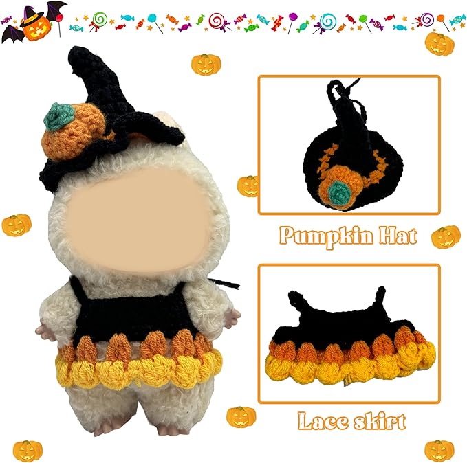 Halloween Clothes for 17cm Doll Outfits, Hat Dress Set for 17cm Dolls, Stylish Adorable Halloween Clothes Accessories (No Doll)