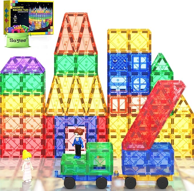 Soyee Magnetic Tiles with 2 Cars Kids Gifts Boys Toys for 3 Year Old Boys Educational Toys for Toddlers Kids Age 3-5 4-8 Car Train Building Toys