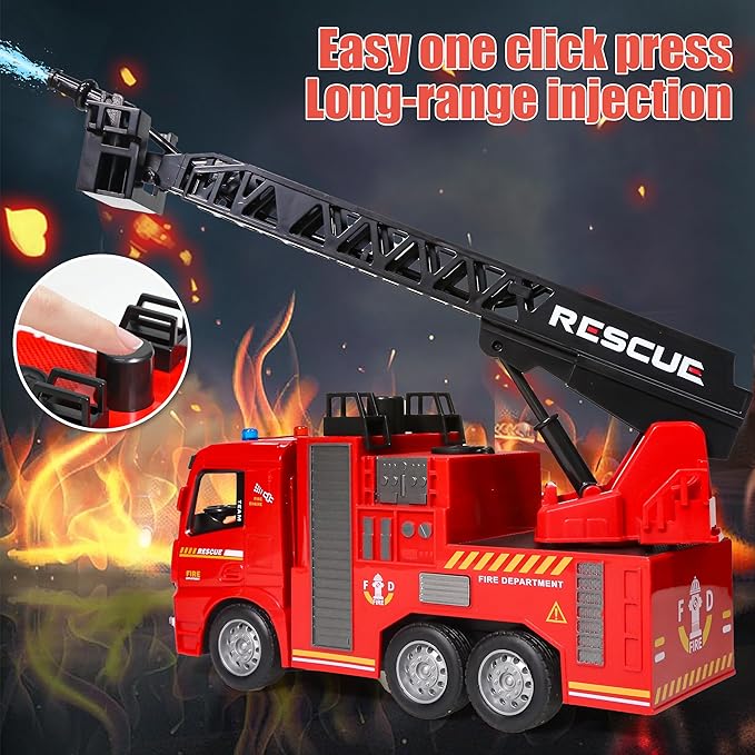 Remote Control Fire Truck Toy - Fireman Fire Truck with Jet Pump and Lights, Red Toy for 3 Year Old Boys, Girls and Toddlers