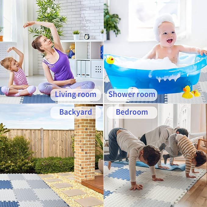 Foam Play Mat for Toddlers, EVA Non-Toxic Interlocking Floor Mats with Solid Colors, Squares Baby Play Mat, EVA Foam Floor Mat Foam Mats for Kids, Baby, 16 Tiles(White/Light Gray/Dark Blue)