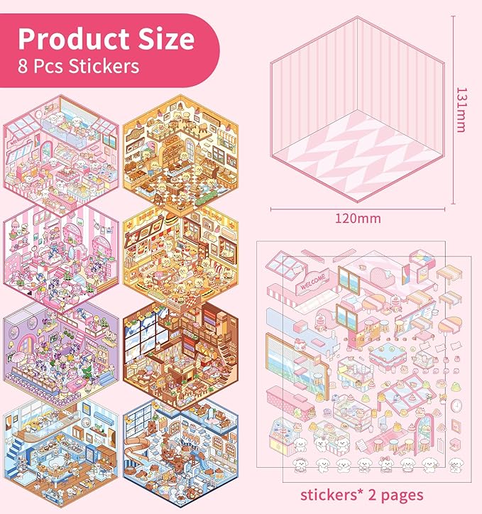 DIY 3D House Stickers, 8 Sets Fun DIY Stickers Scene Make Your Own Mini House Cute Cartoon Animal Scene Sticker for Kids Adult Sticker Art Relief Stress Pass The Time