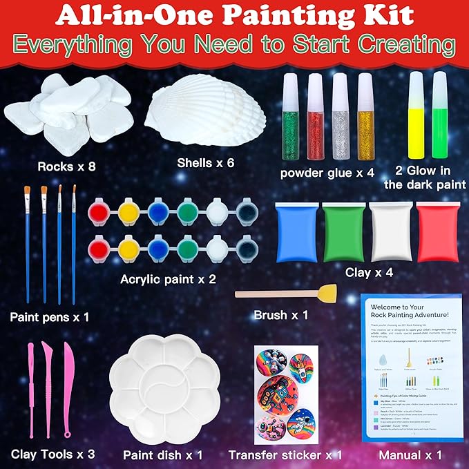 Awsoo Shell & Rock Painting Kit- Space and Rocky Glow in The Dark Arts and Crafts for Kids Ages 8 9 10 11 12, Art Supplies Craft Paint Kits, Birthday Party Gift Toy