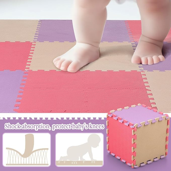 Nuanchu 60 Pcs Kids Foam Puzzle Floor Mat Bulk Solid Color Foam Play Mat with Borders Interlocking Multi Use Floor Rug for Baby Toddler Children 12 Inch (Pink, Beige, Purple)