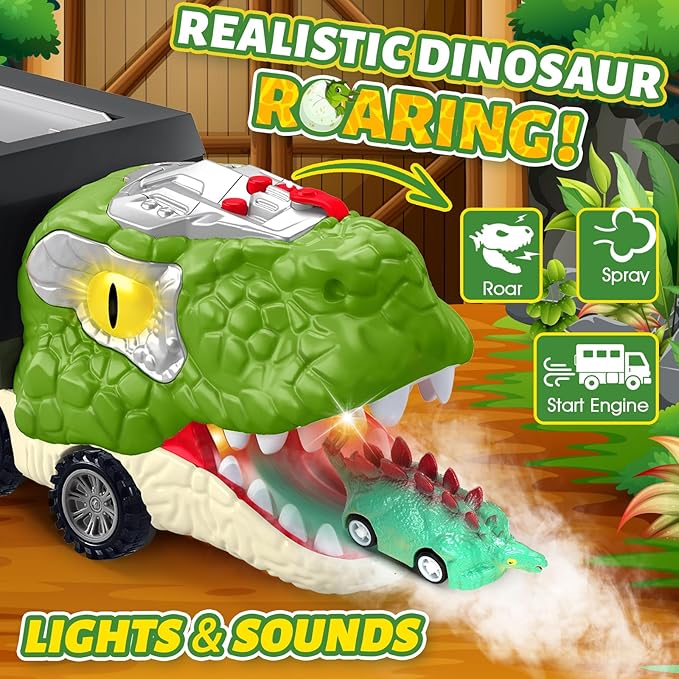 Dinosaur Toys for Kids 3-5, 5-7, Dinosaur Transport Carrier Truck with 10 Mini Car, Dinosaur T-Rex Cars Track Set for Toddlers 3-4 with Spray & Light & Sound, Birthday Gifts for 3 4 5 6 Year Old Boy