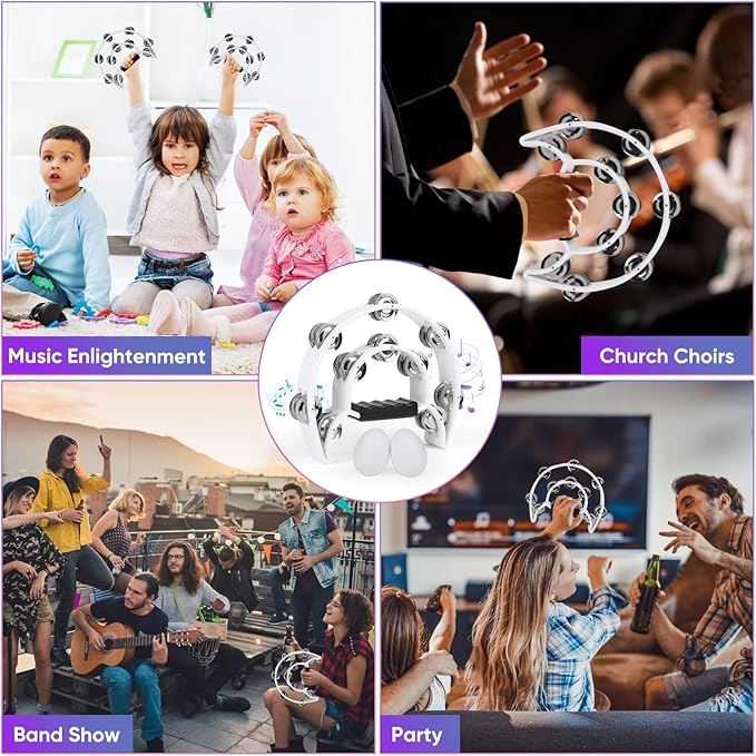 Tambourine Musical Instrument for Adults Church - 10 Inch Half Moon Tambourines with Egg Shakers Double Row Metal Jingles Handheld Percussion Instruments for Dance Party Events KTV (White)