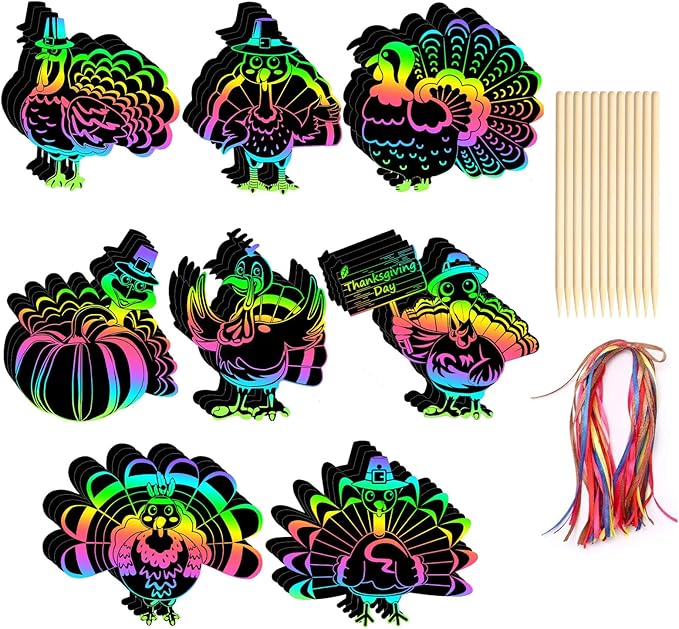 AUGSUN 96Pcs Thanksgiving Fall Crafts, Magic Rainbow Scratch Paper Art Cute Turkey Crafts Activity Gifts Autumn Harvest Thanksgiving Party Favors
