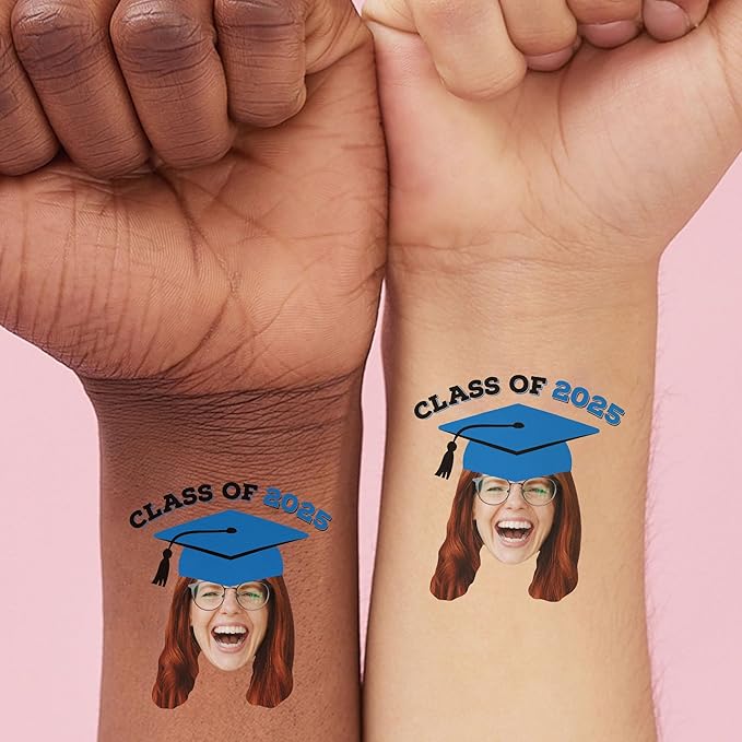 Big Dot of Happiness Custom Photo Blue Grad Cap, Personalized Graduation Party Favors, Fun Face Temporary Tattoos, Set of 12