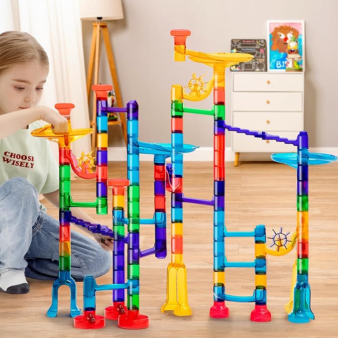 JOYIN 150Pcs Glowing Marble Run- Construction Building Blocks Toys with 5 Glow in The Dark Glass Marbles, STEM Educational Building Block Toy, Gift for Christmas