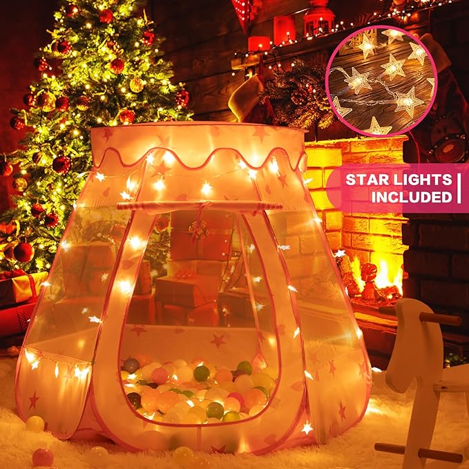 Baby Ball Pit for Toddler: with Star Lights - Pop Up Princess Play Tent for Kids - Indoor Outdoor Baby Girl Toys Birthday Gifts - NO Balls (Pink Tent)