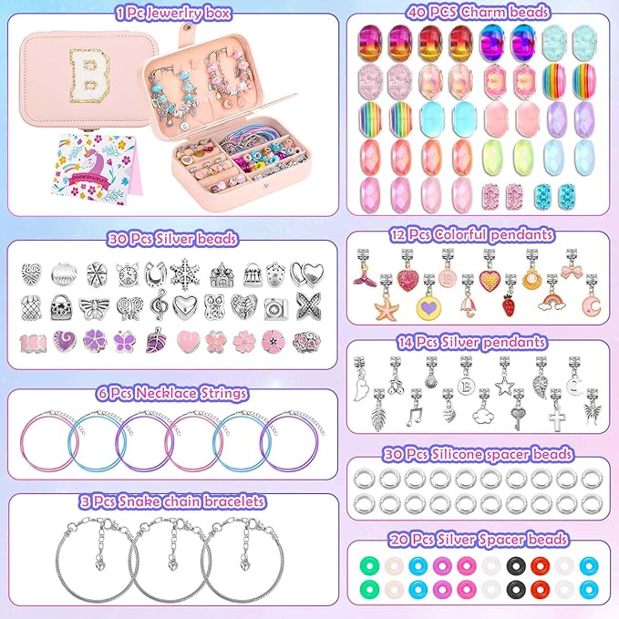Charm Bracelet Making Kit with Jewelry Box Charm Beads for Jewelry Making DIY Bracelet Craft Kit for Birthday Gifts Valentine Christmas