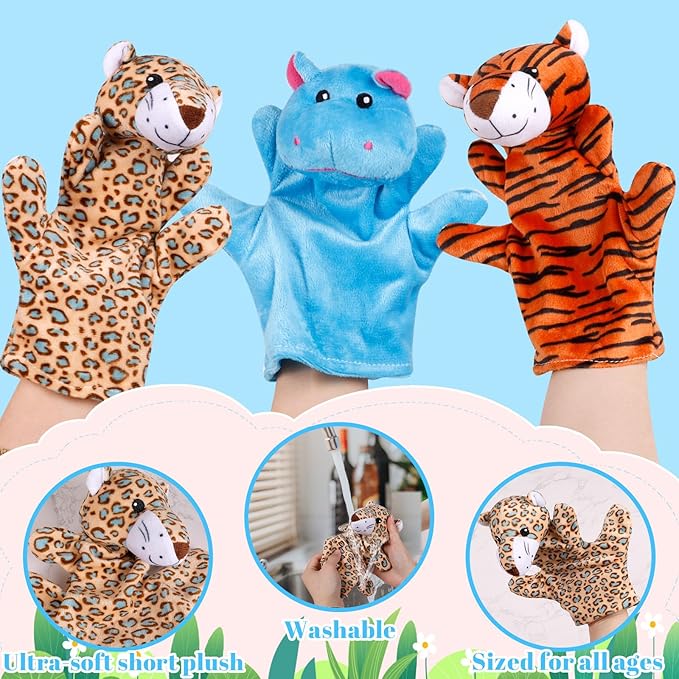 6Pcs Hand Puppets for Toddlers - Stuffed Animal Puppets for Kids, Including Lion, Tiger, Hippo, Leopard, Giraffe and Monkey for Puppet Show Theater, Stocking Stuffers for Kids