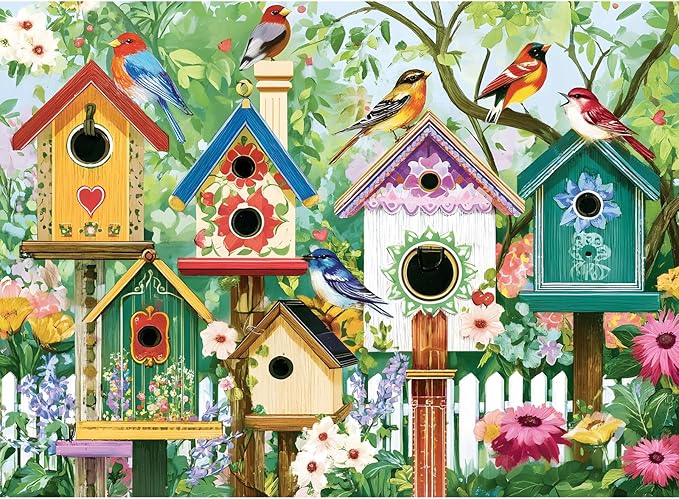 500 Piece Puzzle for Adults, Colorful Birdhouses 500 Piece Puzzle, Vibrant Birds in Blooming Flowers Jigsaw Puzzle, Perfect for Family Game Night, Home Wall Decor, Great Gift for Adults, Kids, Seniors