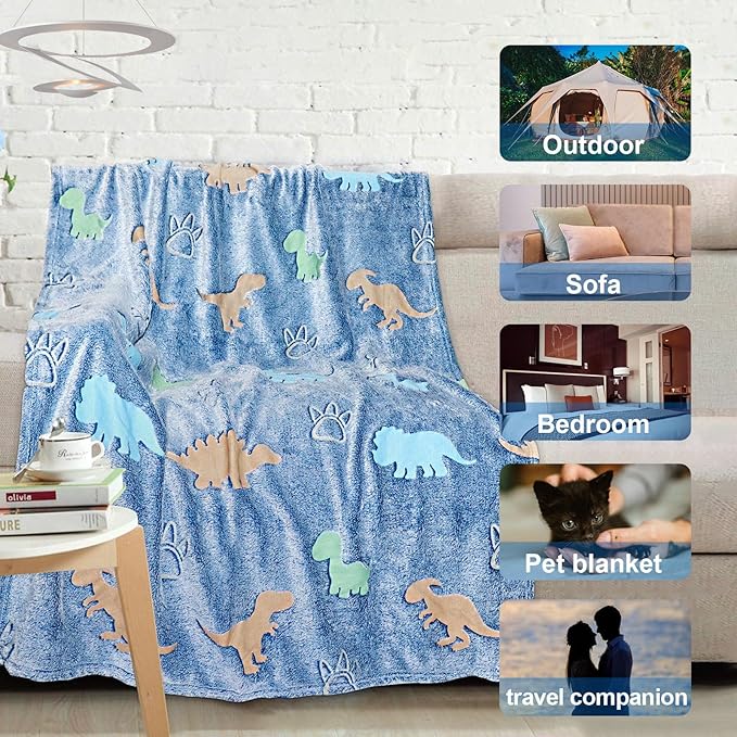 Dinosaur Blanket for Boys, Glow in The Dark Blanket for Kids, Kids Blanket for Boys, Toddler Blanket for Boys, Dinosaur Gifts for Boys/Kids, Soft Fleece Blanket, Birthday Gifts 50"x60"+Gift Box