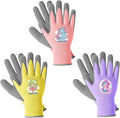 COOLJOB 3 Pairs Kids Gardening Gloves for Age 3-5, Children Toddler Girls Grippy Rubber Coated Work Gloves, Purple & Pink & Yellow (Little Beauty, Small S)