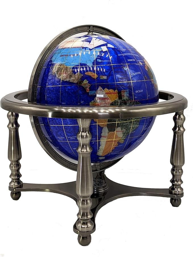 Limited Edition! Unique Art Since 1996 Blue Pearl Swirl Table Top Gemstone World Globe with Silver Zinc Alloy Stand (220MM/9 INCHES 4 LEG/BLUE PEARL OCEAN)