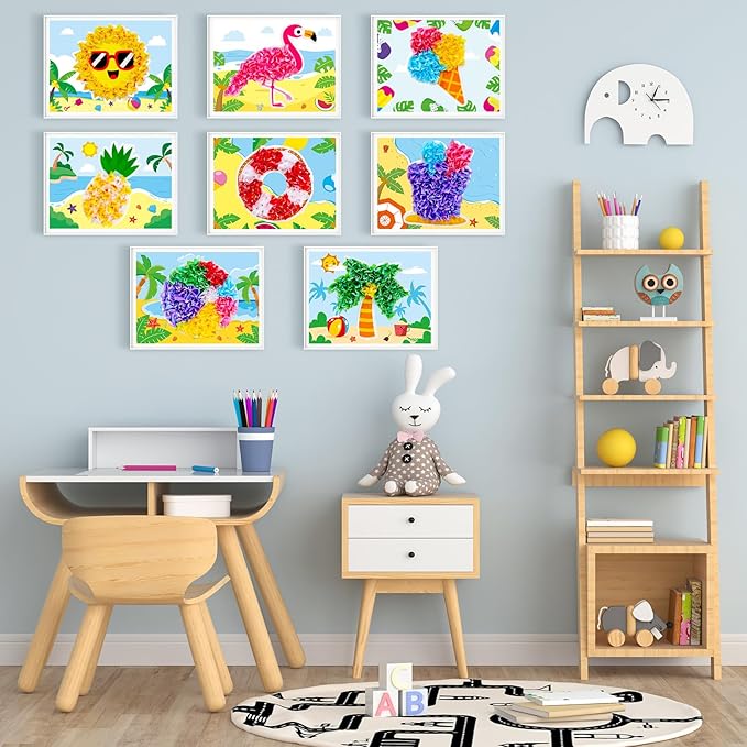 8PCS Poke-in Craft and Art Kit for Kids Summer Theme No-Mess Fabric Sewing Art Girls Boys 4-12 Puzzle Puncture Painting DIY Beach Hawaiian Toy Gift for Creative Activity Game Birthday Party