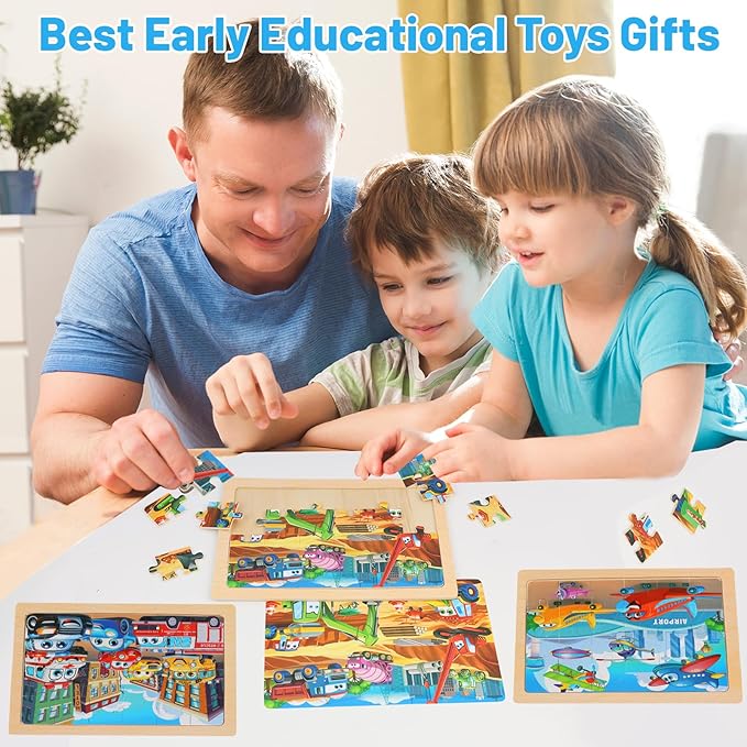 Wooden Puzzles for Kids Ages 4-6, 24 Piece Vehicle Car Construction Jigsaw Puzzles 4 Packs, Preschool Toddlers Learning Activity Puzzles Toys for Boys Girls 3 4 5 6 Years Old