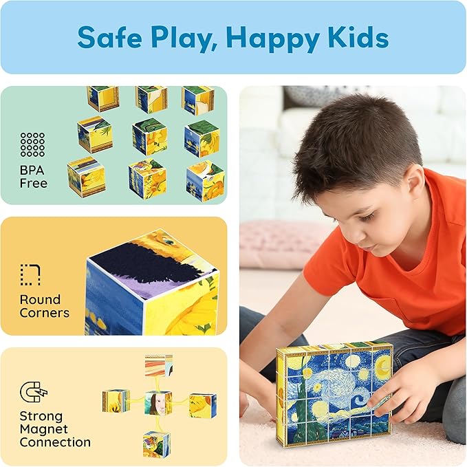 PicassoTiles 20pcs 1” Magnetic Puzzle Building Cubes Blocks for Kids, Van Gogh, Mona Lisa Hand Puzzle, STEM Magnet Toy Mix&Match Educational Popular Art Kids Toys 3+ Year Old boy Girl PMC20