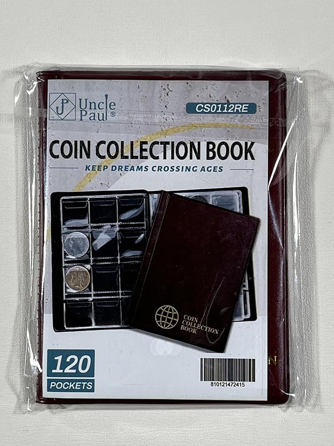 Coin Collection Album - Coin Holder Book Coin Storage Album Money Penny Pocket for Collectors CS01 (Red, Pocket Size 30x30mm/1.2x1.2 in[120 Pockets])