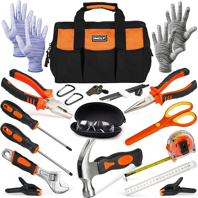 INCLY 24 PCS Real Tool Set with Tool Bag, Small Real Hand Tools Kit, Construction Learning Tools Hammer Screwdriver for Home DIY Building and Woodworking