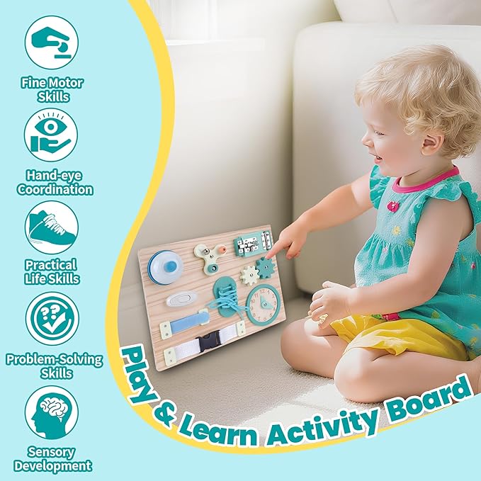 ATOYUS Montessori Busy Board Toys for Toddlers, Learning Educational Toys for 3 Year Old, Wooden Sensory Activity Toys for Kids 3-4 with Autism, Christmas Birthday Gift for Baby Boys Girls Ages 3-5