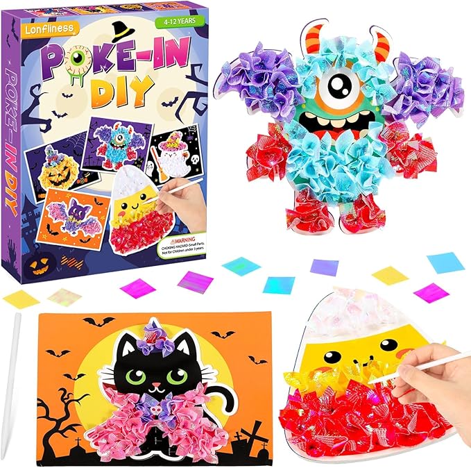Lonfliness 8PCS Poke-in Craft and Art Kit Kids Halloween No-Mess Fabric Sewing Art Girl Boy 4-12 Puzzle Puncture Painting DIY Bat Pumpkin Ghost Halloween Toy Gift Creative Activity Game Birthday Party