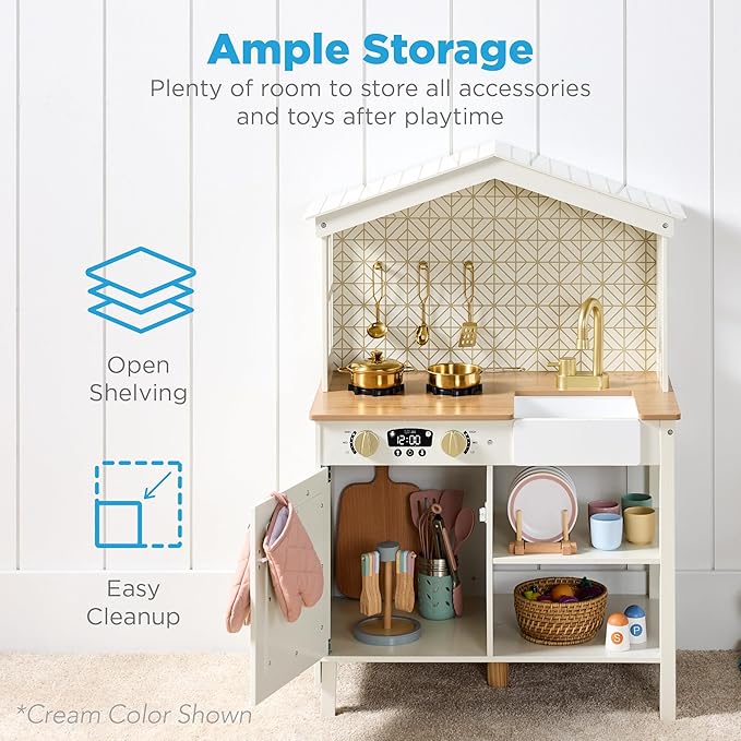 Best Choice Products Pretend Play Wooden Farmhouse Kitchen Set for Kids w/Toy Storage, Clicking Knobs, Windows, 5 Accessories Included - Ocean