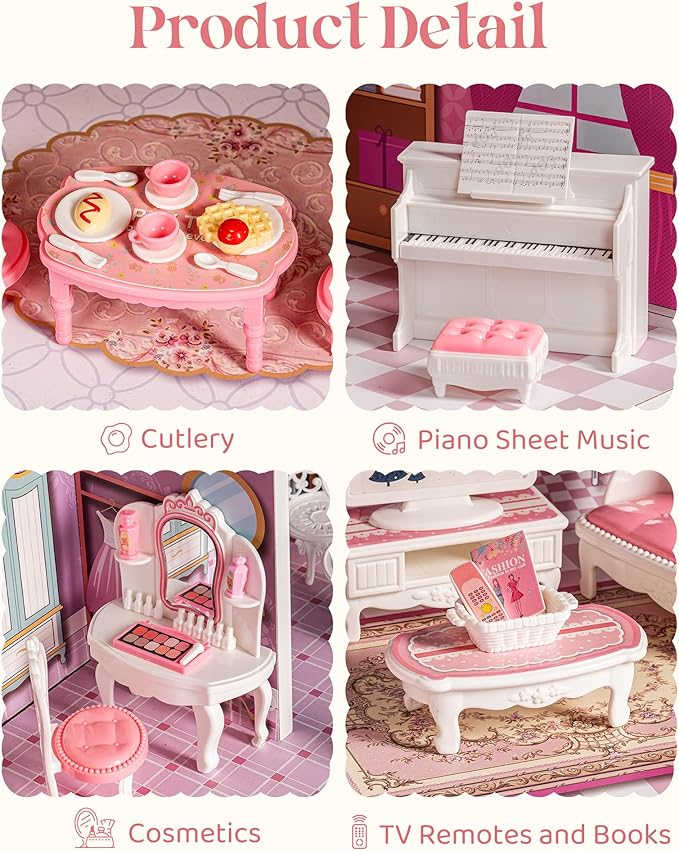 ROBUD Dollhouse Furniture, Pink Doll House Accessories and Furniture for Dining Room, Bathroom, Bedroomn,Living Room, Dollhouse Accessories Pretend Play Furniture Toys for Kids, WDHXX