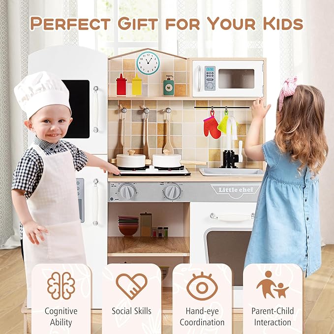 Costzon Kids Kitchen Playset, Wooden Toddlers Toy Kitchen with Light & Sound, Microwave, Ice Maker, Oven, Sink & Faucet, Cooking Accessories, Pretend Play Kitchen, Gift for Boys Girls Age 3+