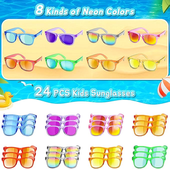 Kids Sunglasses Party Favors - Boys Girls Age 3-8 Birthday Goodie Bags Stuffers, Neon Sunglasses with UV 400 Protection for Kids Classroom Favors - 24 Packs