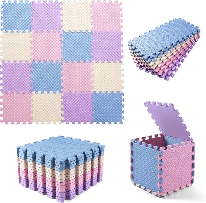 Foam Play Mat for Baby, EVA Non-Toxic Interlocking Floor Mats, Solid Colored Foam Puzzled Floor Mats, Baby Play Mat Exercise Mats, 16 Tiles(Beige/Pink/Purple/Gray Blue)