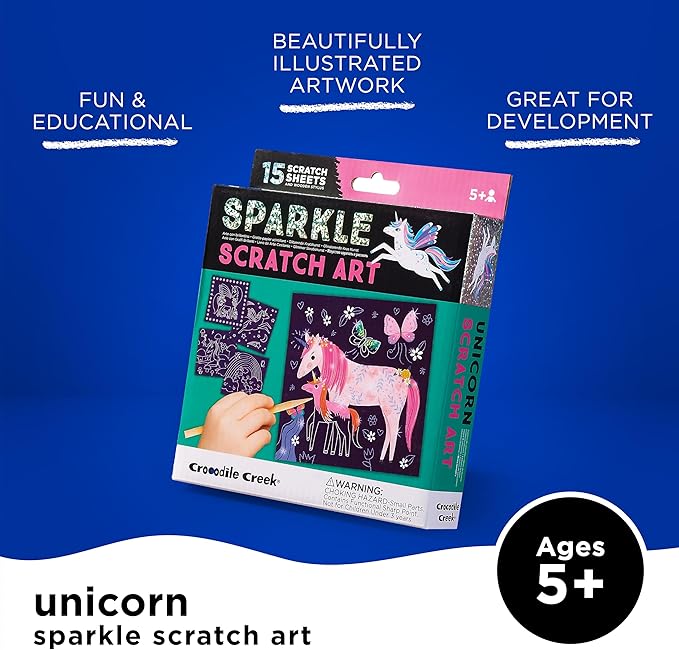 Crocodile Creek Unicorn Sparkle Scratch Art for Kids - 16-Sheet Scratch Art Set with 10 Themed Sheets, 5 Blank Sheets, Stencil, and Stylus - Thoughtful Stocking Stuffers, Gifts, Art Supplies for Kids