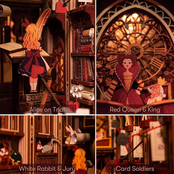 DIY Book Nook Kit, 3D Wooden Puzzle for Teens and Adults, Miniature Dollhouse Booknook Bookend Bookshelf Insert Decor with LED Light (Alice's Evidence)