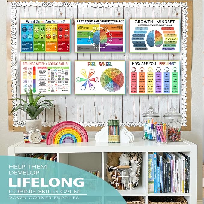 6 Zone of Self-Regulation Bulletin Board Set Feeling Chart for Kids - Calm Down Corner Toolkit with Feeling Wheel Poster, Emotions Chart & Growth Mindset Activities (8x12 Inch, Classroom Decor Essentials)