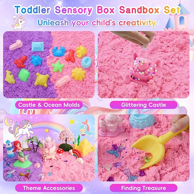 Lokuc Unicorn Sensory Bin for Girl, Unicorn and Mermaid Sensory Sand Kit Toy, 60Pcs Sandbox with 2.2 lbs Magic Sand Sensory Bins, Christmas Birthday Gift for Toddler Kid Age 3 4 5 6 7 8