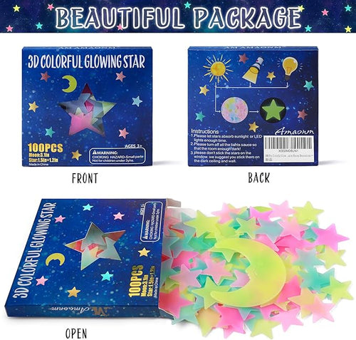 100 Pcs Colorful Glow in The Dark Luminous Stars and Moon Fluorescent Noctilucent Plastic Wall Stickers Murals Decals for Home Art Decor Ceiling Wall Decorate Kids Babys Bedroom Room Decorations