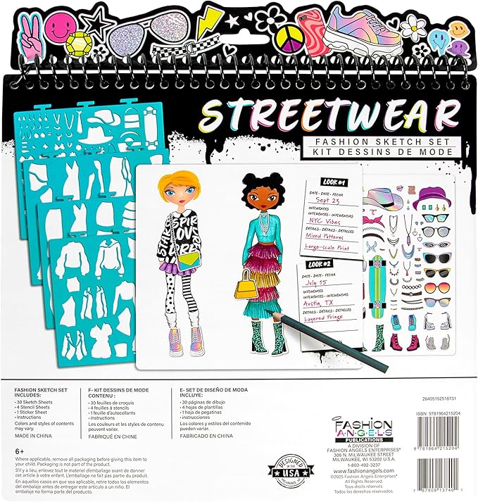 Fashion Angels Streetwear Design Portfolio, Includes 30 Sketch Sheets, Stencil Sheets, Stickers & Inspiration Guide, Ideal Drawing Kit for Girls Ages 6+