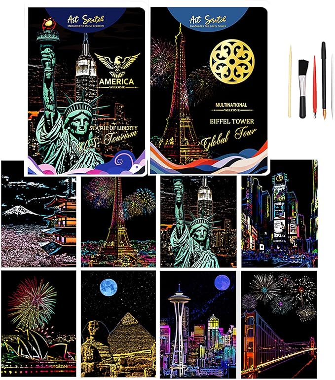 BulChign Scratch Painting Rainbow Paper Cards Kits for Adults,8 Sheets Rainbow City Ancient Capital Scratchboard(7.9 x 5.5 inch) with 6 Tools - Tourist Souvenirs (America/Global Architecture)